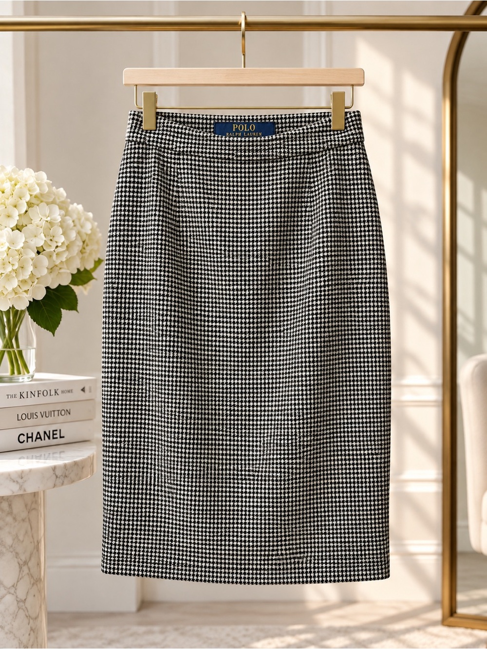 Polo Ralph Lauren Black White Houndstooth Wool Pencil Skirt Size 4